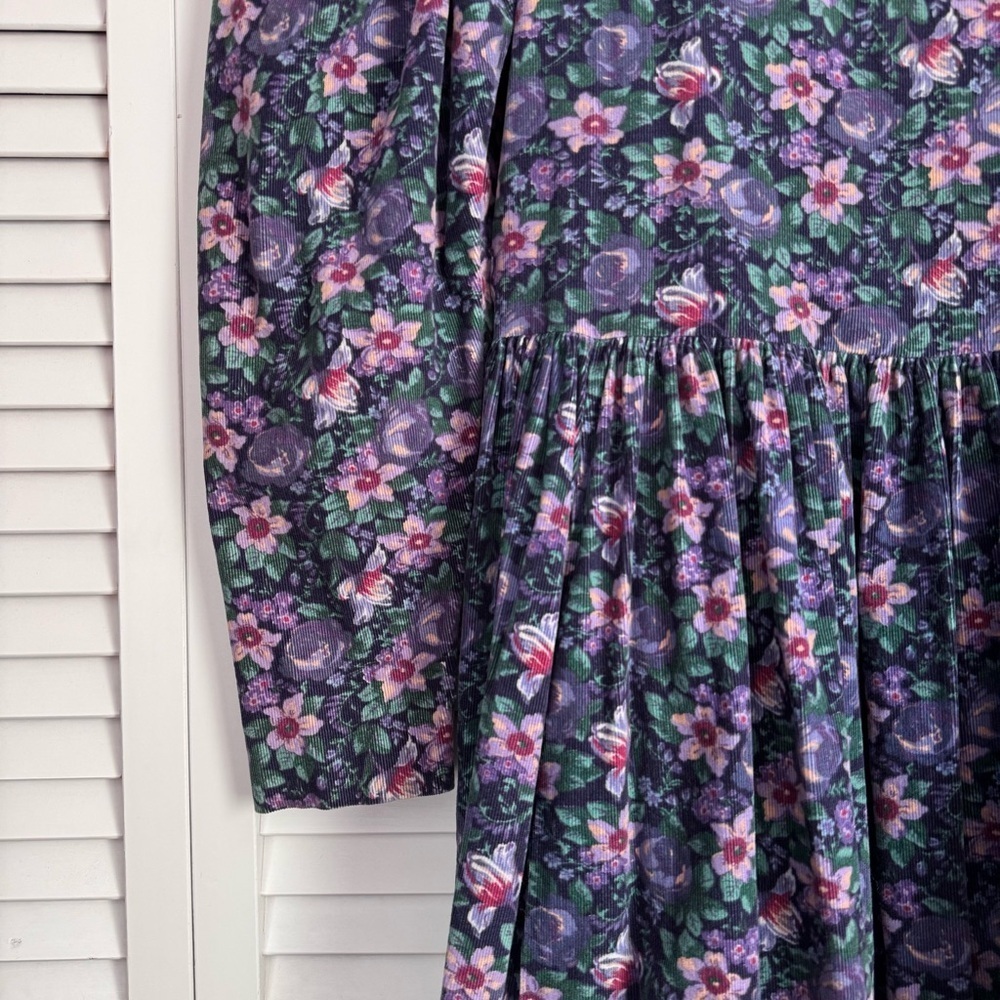 Laura Ashley Vintage Corduroy Puff Sleeve Floral Dress Cottagecore Purple 10 - Picture 3 of 11